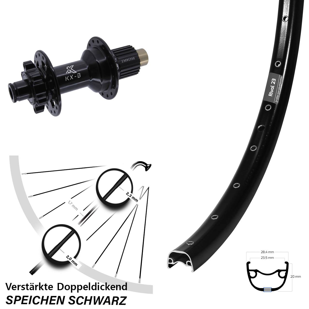 Ryde Rival 23 KX-B 650B 6-Loch Hinterrad 12x148 Micro Spline
