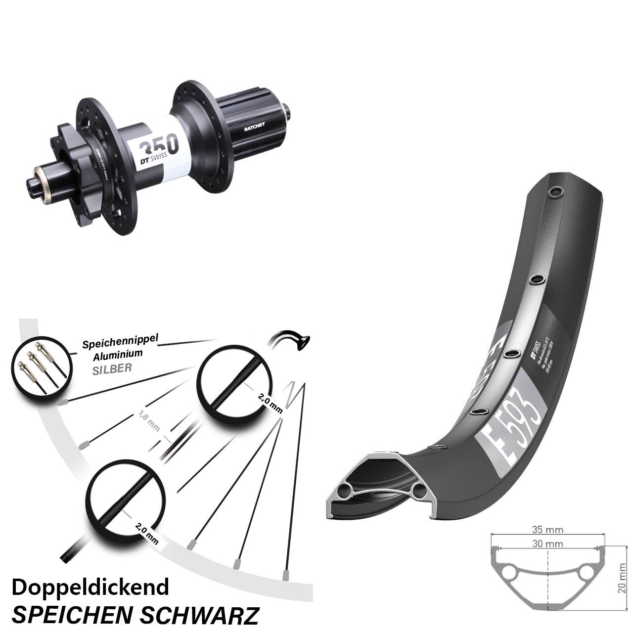 Disc Laufrad 29 Zoll DT Swiss E 593-350 8-11 fach für Schnellspanner Boost
