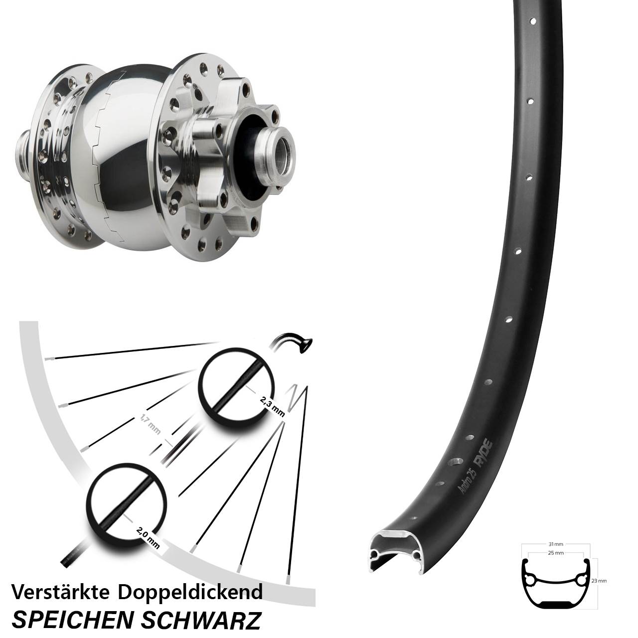 28 Zoll Ryde Andra 25 SON 28 poliert Disc Nabendynamolaufrad 12x100