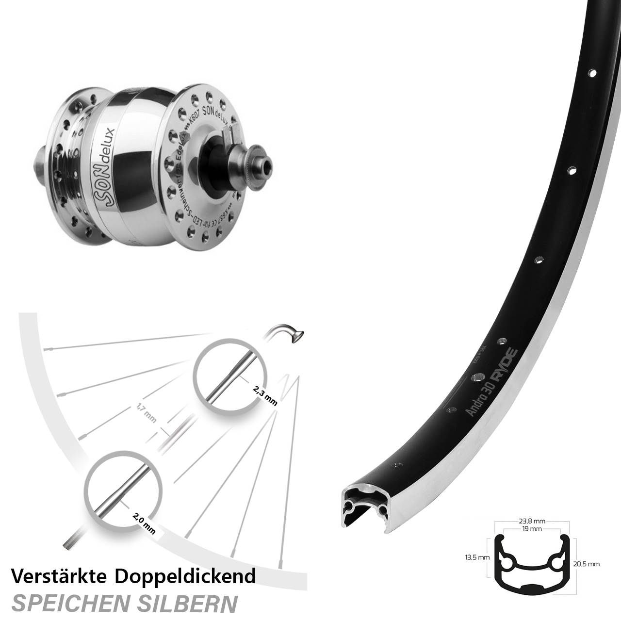 Vorderrad 26 Zoll Ryde Andra 30 schwarz SON delux Felgenbremse QR silbern poliert