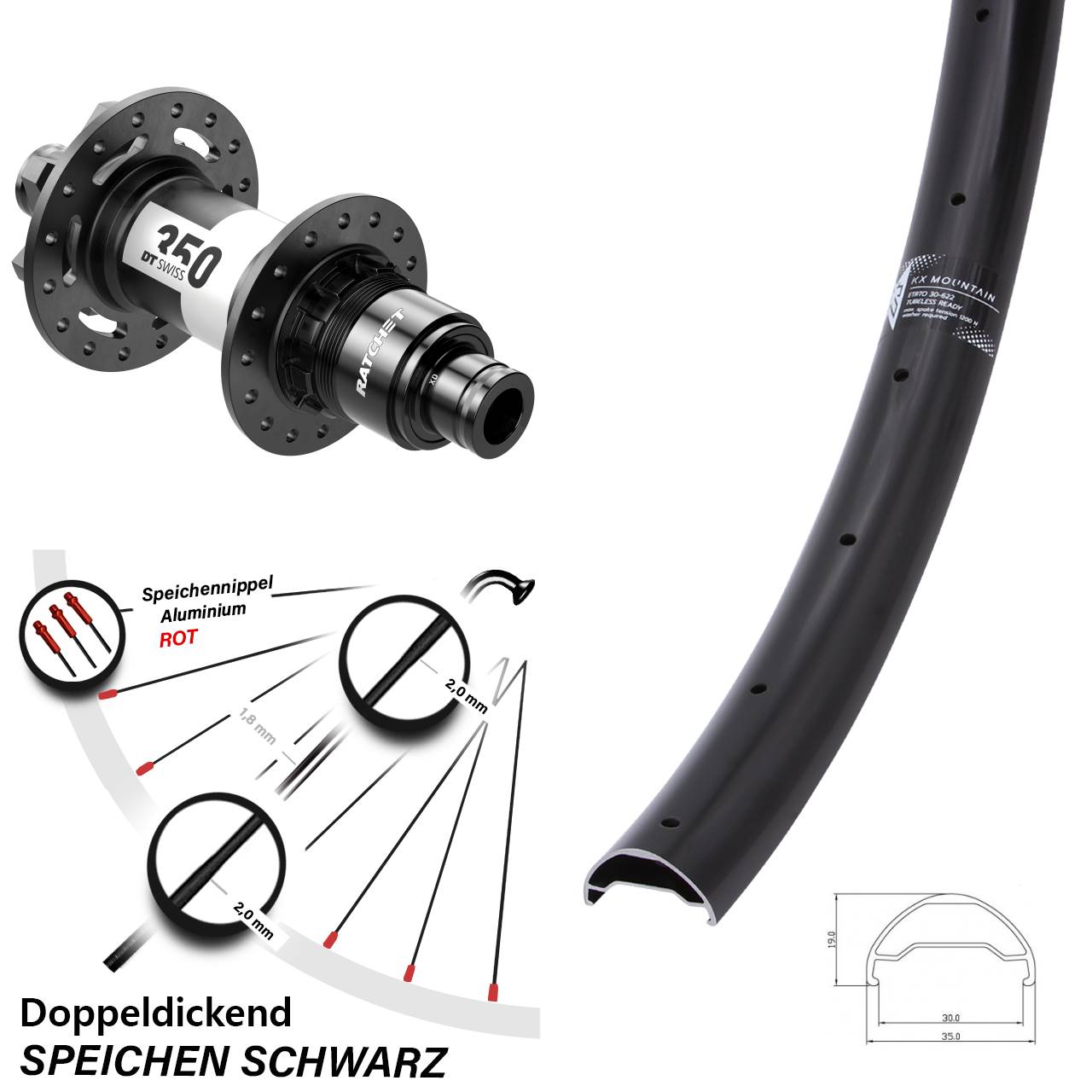 29 Zoll Hinterrad KX Mountain DT Swiss 350 Boost 6-Loch 12x148 mm Sram XD 30-622 ETRTO
