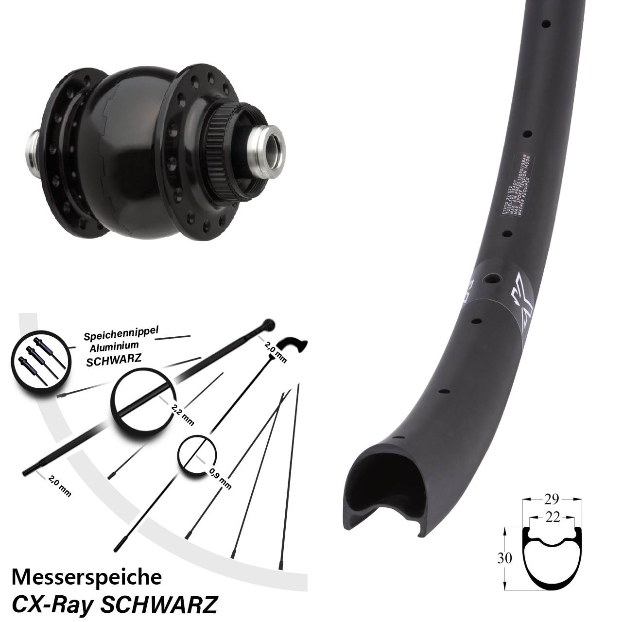 SON delux KX-RC Gravel Carbon 28 Zoll Centerlock Dynamovorderrad 12x100 CX-Ray