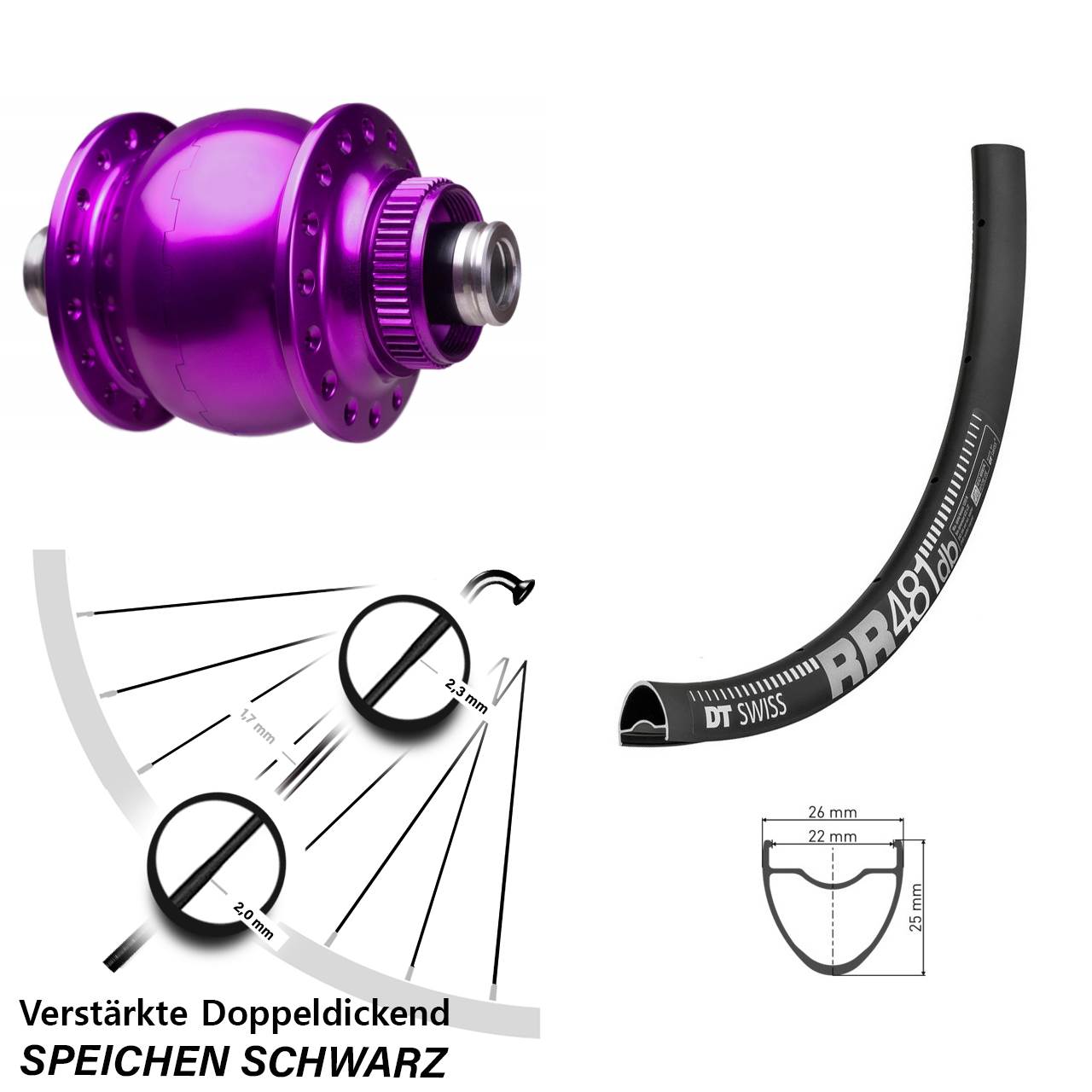 Nabendynamo-Vorderrad Centerlock DT Swiss RR 481 SON 28 Zoll violett 12x100