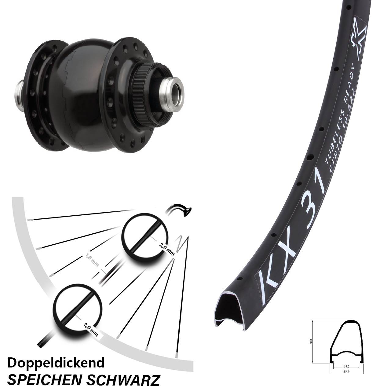 Centerlock Dynamo-Vorderrad 12x100 KX31 OS SON 28 Zoll