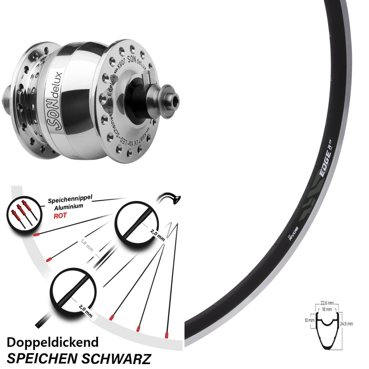 Vorderrad 28 Zoll Ryde Edge R25 Rennrad Felgenbremse Dynamo SON delux silbern poliert