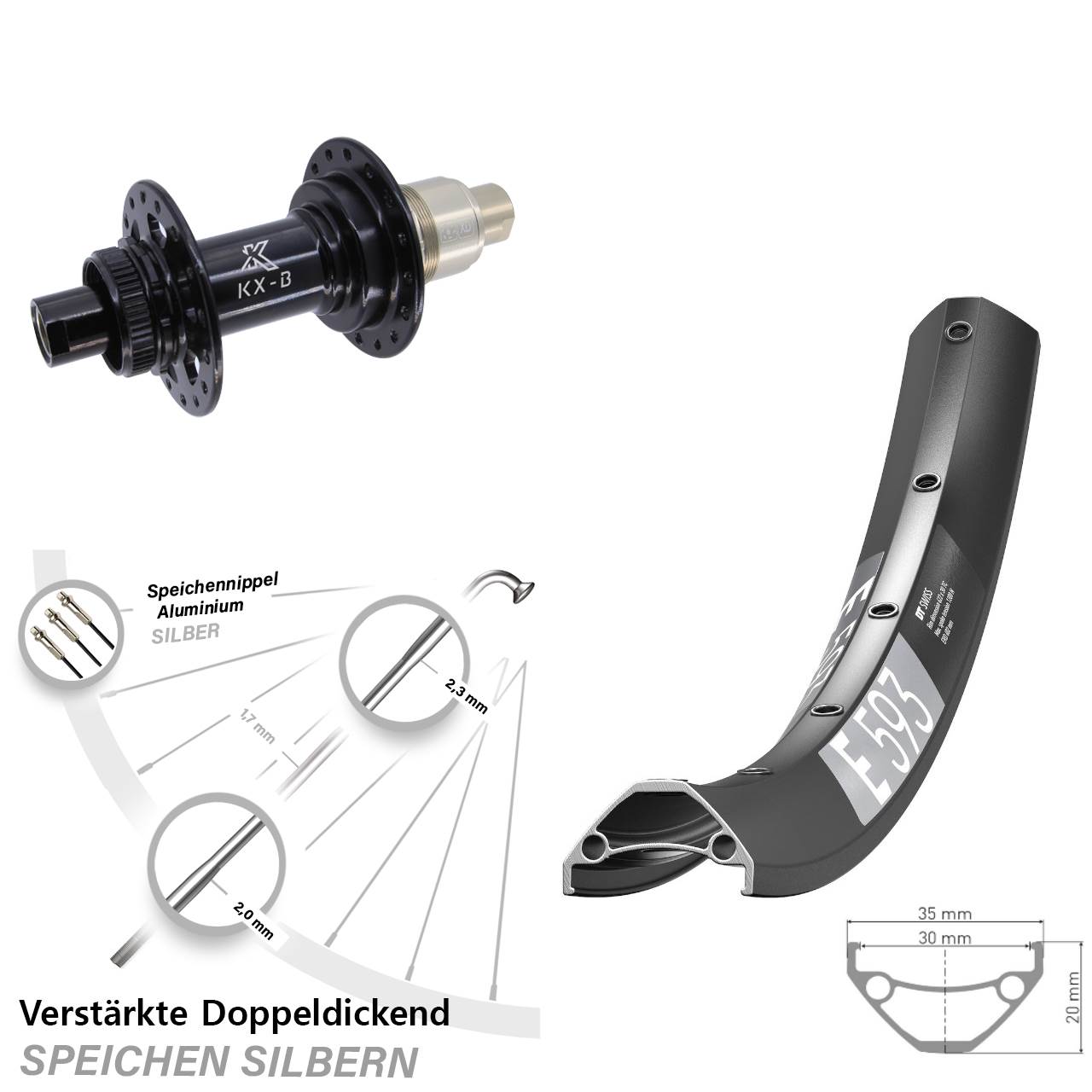 29 Zoll DT Swiss E 593 KX-B Hinterrad Centerlock 12x148 SRAM XD