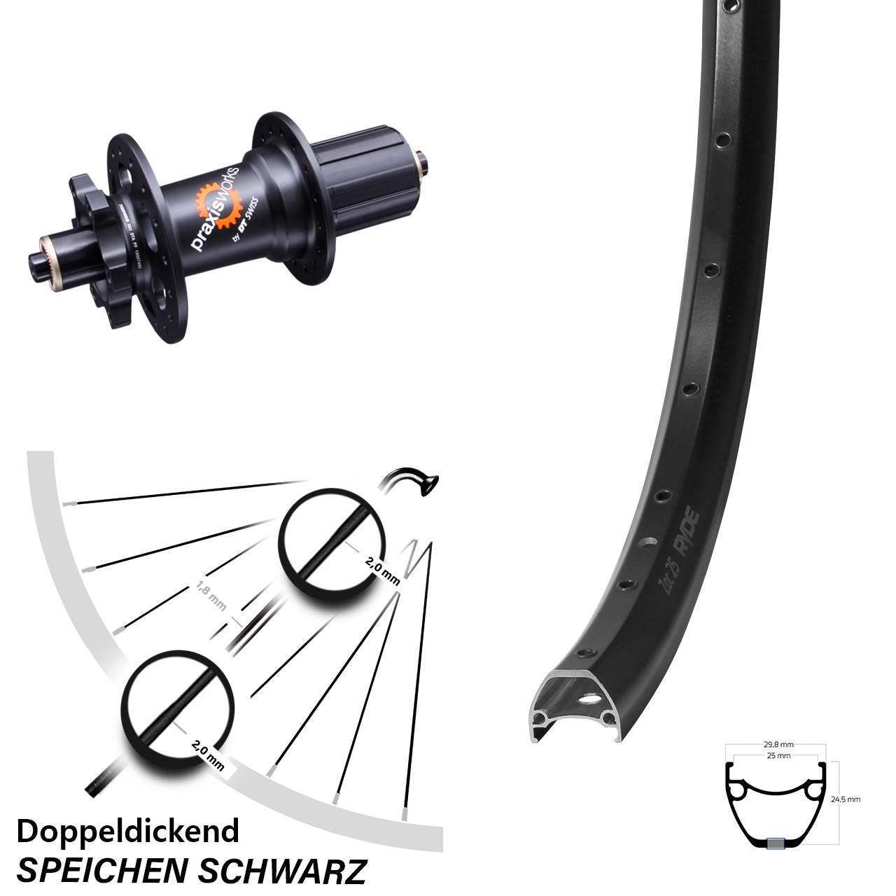 28-29 Zoll Ryde ZAC 25 DT Swiss 350 Hinterrad 6-Loch QR 8-11 fach