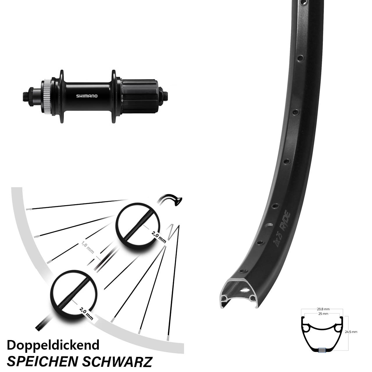 Disc Laufrad 28 Zoll Ryde ZAC 25 Shimano FH-QC400 8-11 fach HG QR