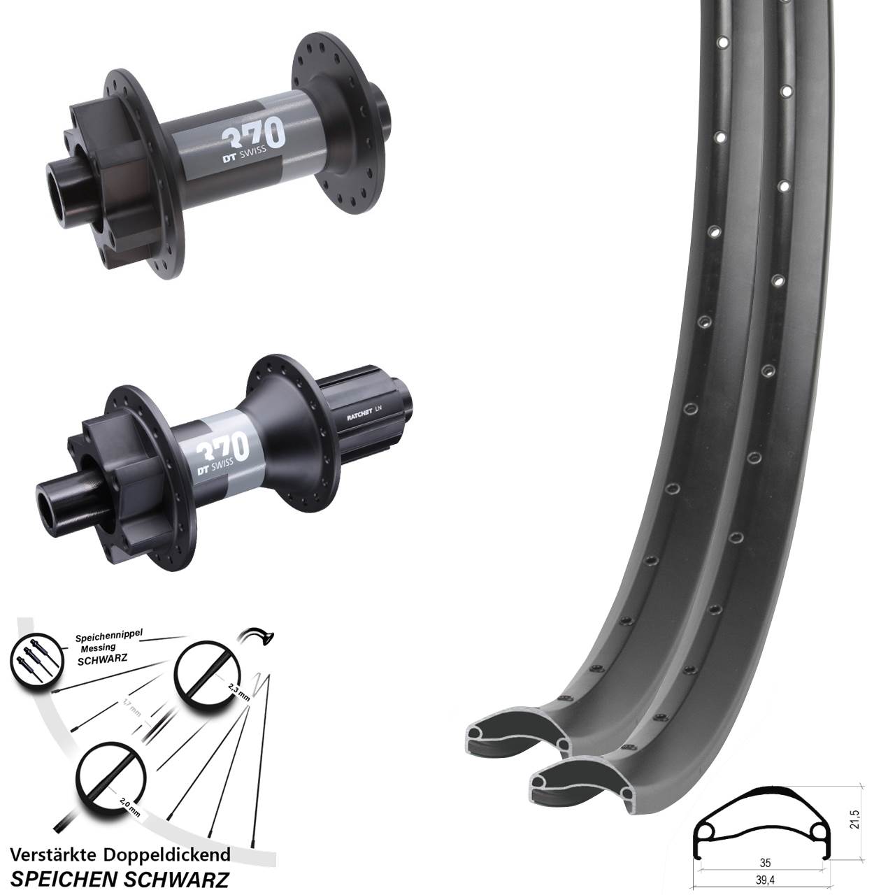 27,5 Zoll Ambrosio E35 DT Swiss 370 6-Loch Laufradsatz 15x110 12x148 8-11 fach HG