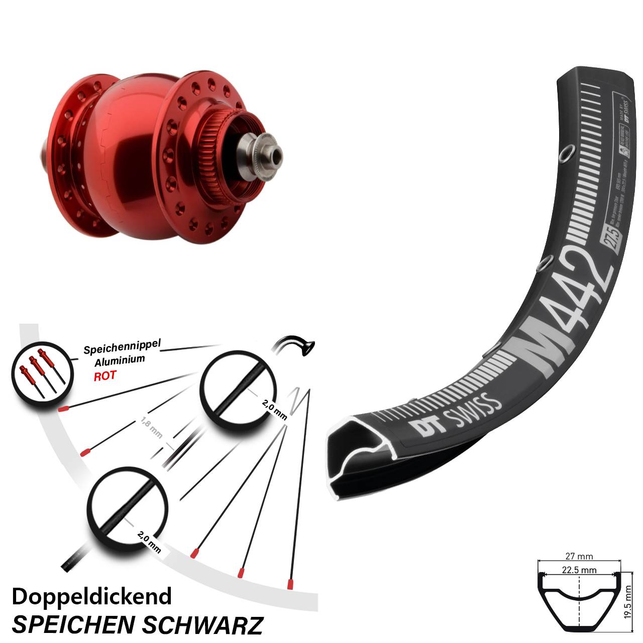 DT Swiss M442 roter SON 28 Zoll Disc Laufrad mit Nabendynamo für Schnellspanner