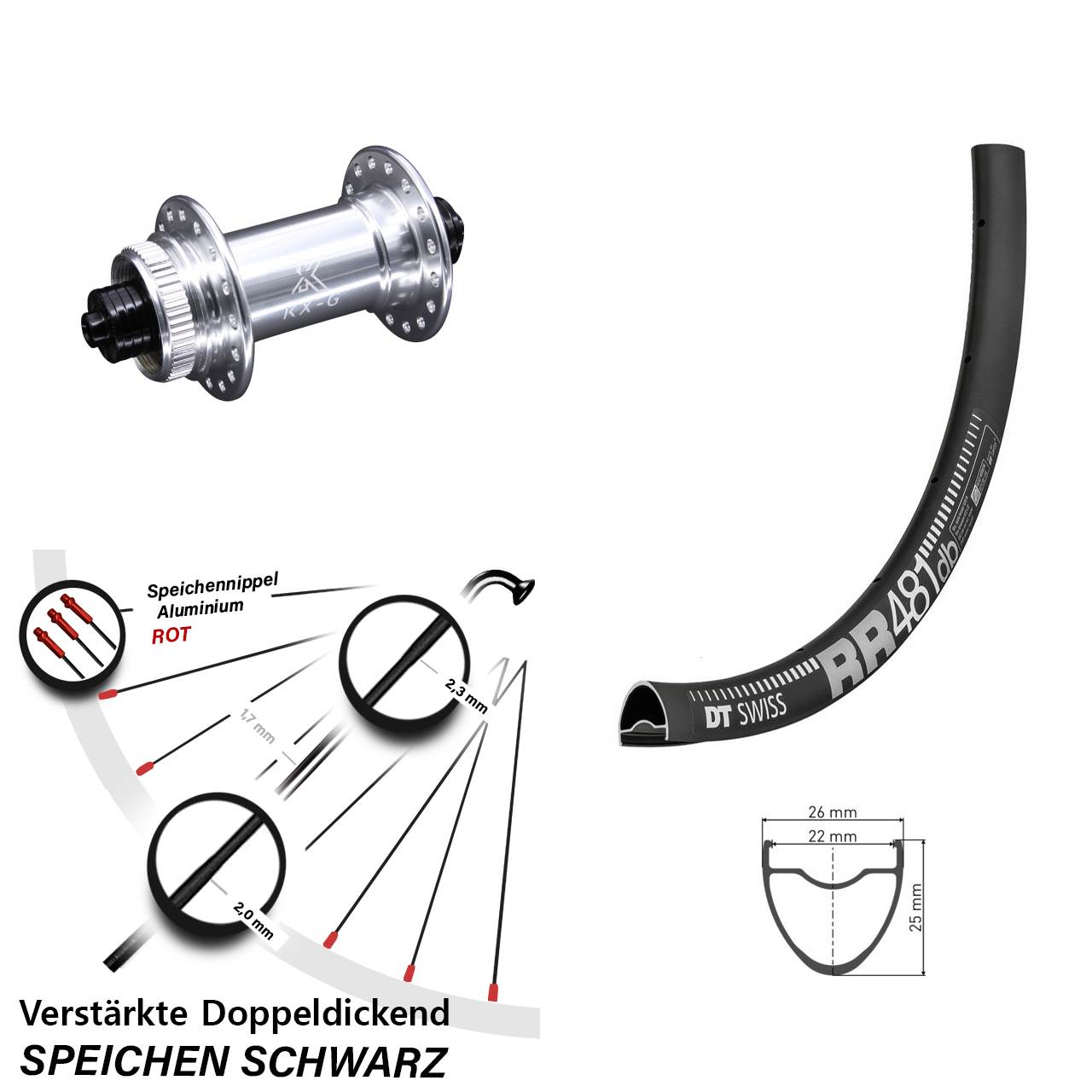 Vorderrad 28 Zoll DT Swiss RR 481 DB Disc verstärkt KX-G silbern 5x100