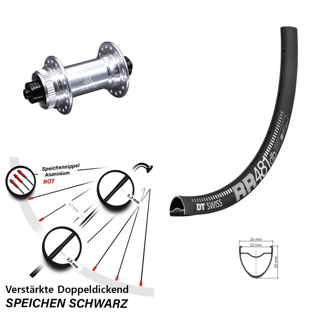 Vorderrad 28 Zoll DT Swiss RR 481 DB Disc verstärkt KX-G silbern 5x100
