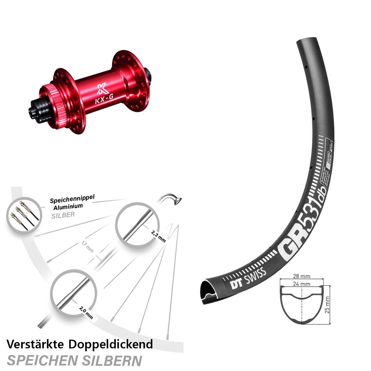 Vorderrad Gravel 28 Zoll DT Swiss GR 531 DB Nabe rot-eloxiert KX-G 5x100 mm Sapim E-Light