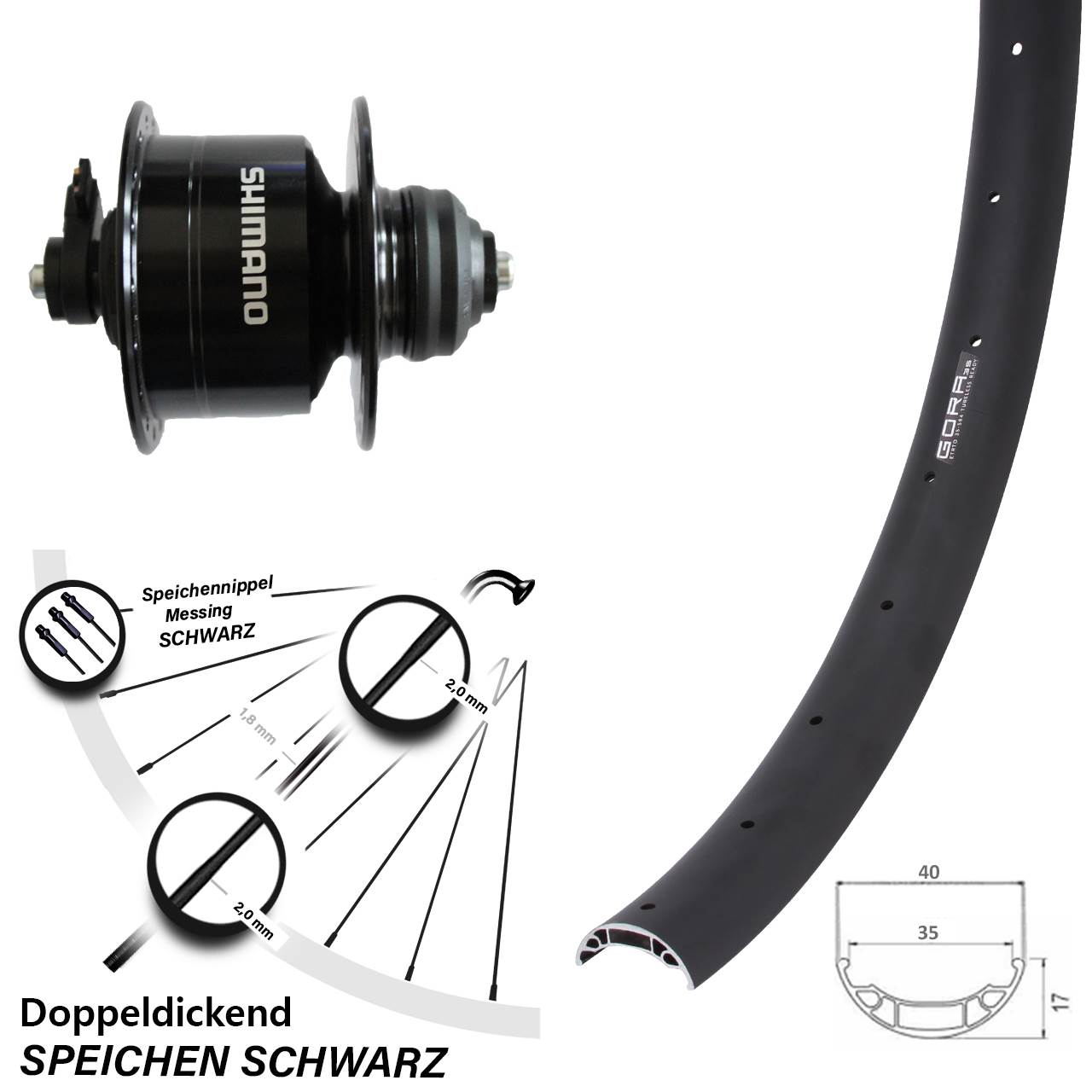 Disc Nabendynamo-Laufrad 27,5 Zoll Gora 35 Shimano DH-3D72 für Schnellspanner