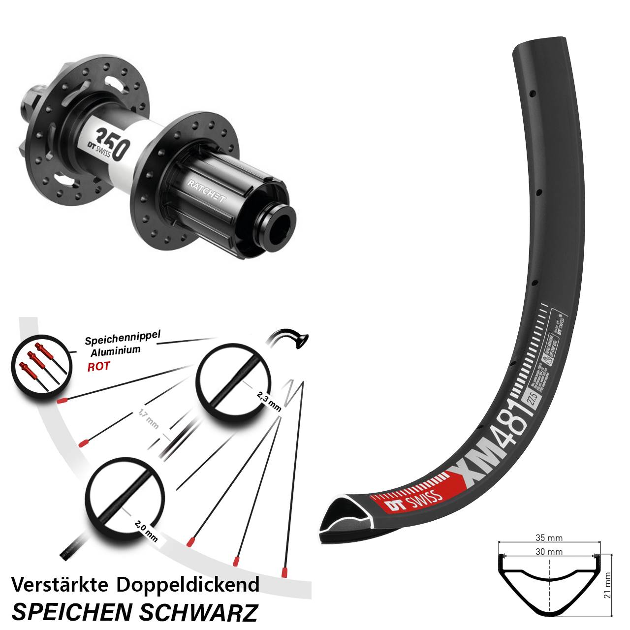 27,5 Zoll DT Swiss XM481-350 Ratchet 36 Boost 6-Loch Hinterrad 12x148 8-11 fach HG