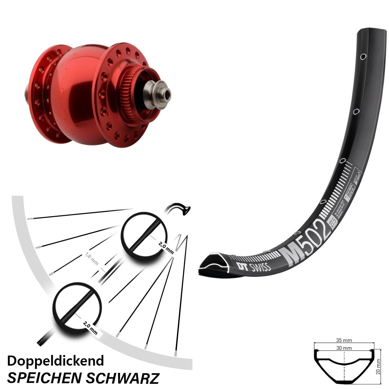 SONdelux rot DT Swiss M502 29 Zoll Centerlock Dynamovorderrad für Schnellspanner
