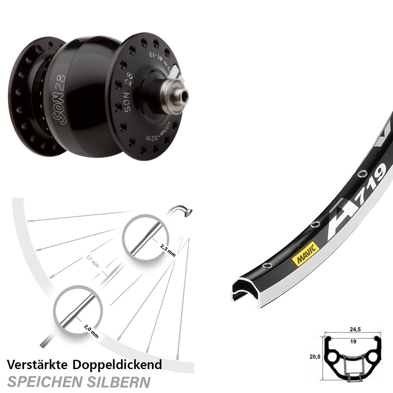 Mavic A 719 SON 28 Zoll Nabendynamovorderrad QR