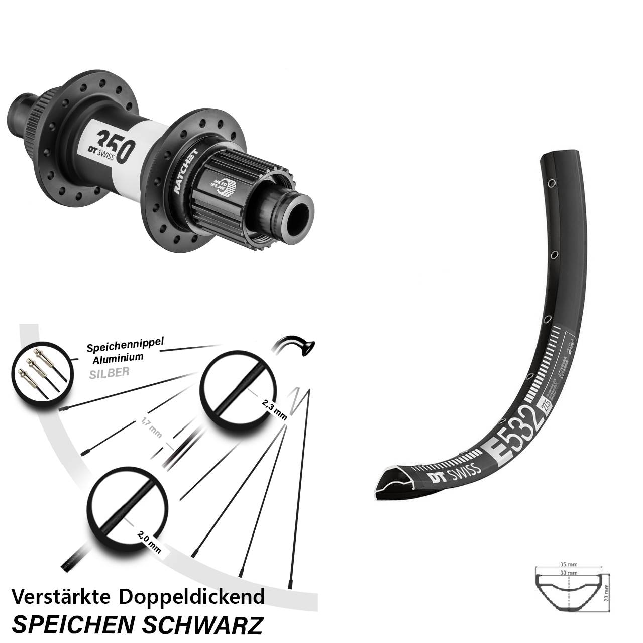 29 Zoll DT Swiss E532-350 Ratchet 36 Hinterrad 12x148 Boost Micro Spline