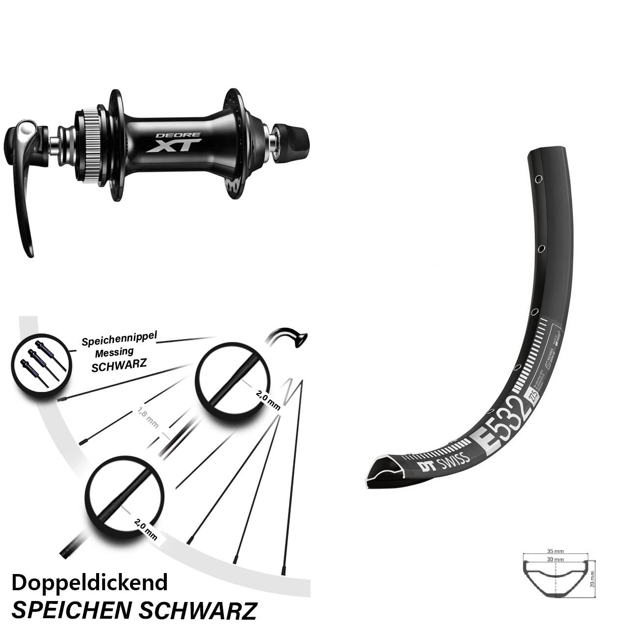 DT Swiss E 532 Shimano Deore XT 27,5 Zoll Disc Vorderrad für Schnellspanner