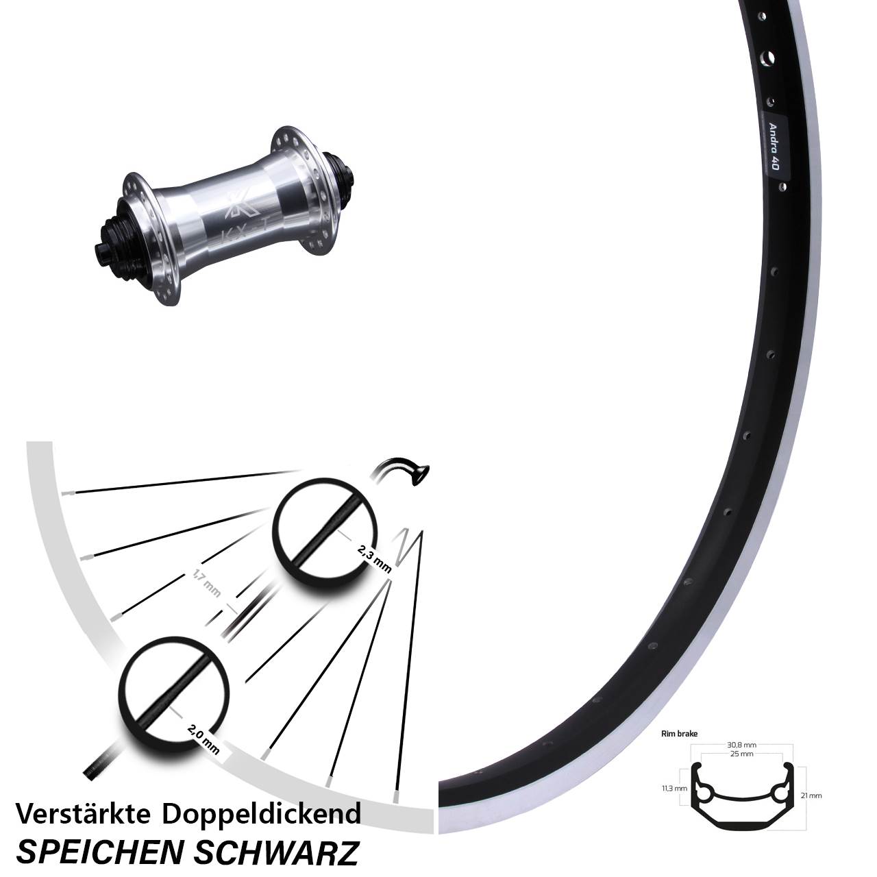 Vorderrad 27,5 Zoll Ryde Andra 40 KX-T 4 Kugellager für Schnellspanner