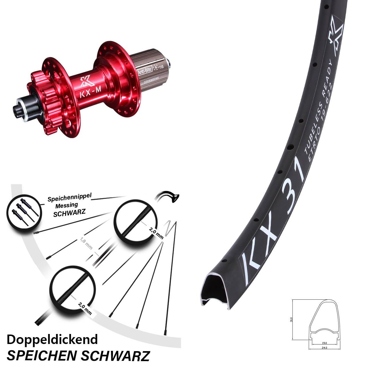 Disc Laufrad QR 28 Zoll KX-M 31 Offset rot 8-12 fach
