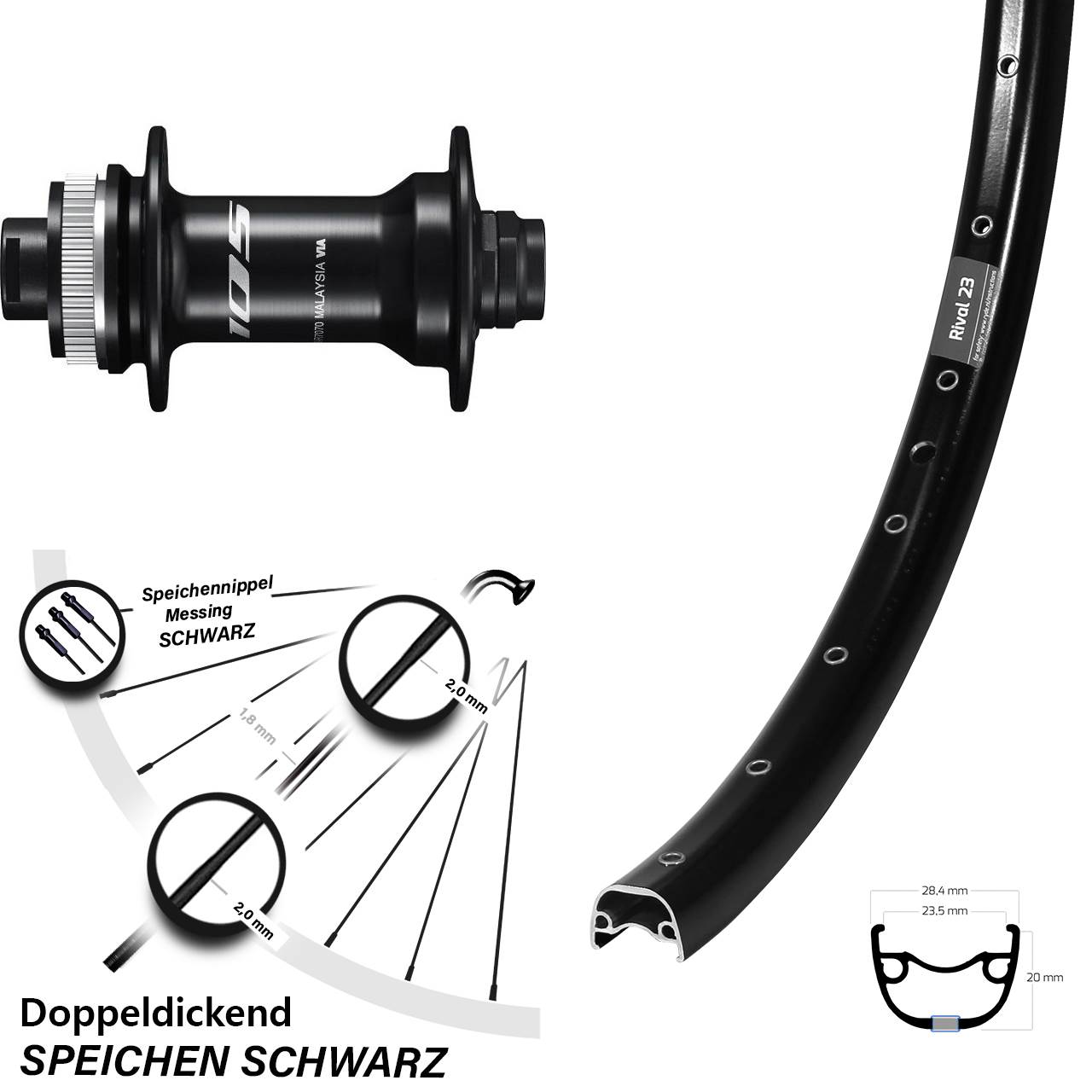 27,5 Zoll Ryde Rival 23 Shimano HB-R7070 Disc Laufrad 12x100