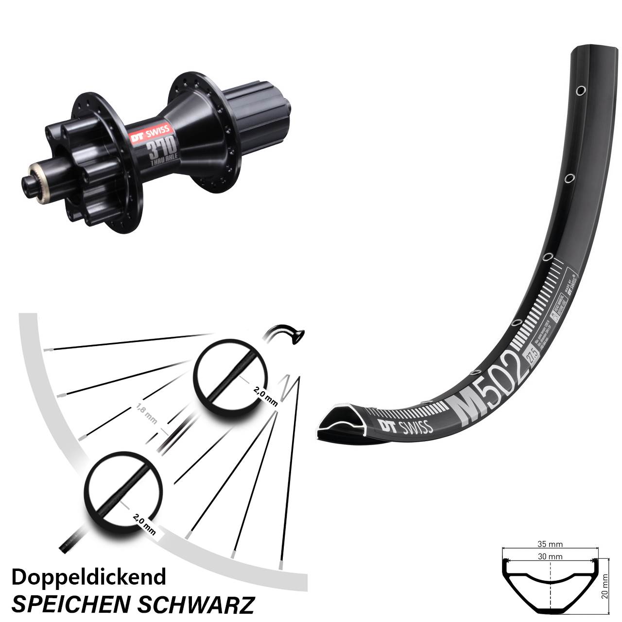 DT Swiss M 502-370 Hybrid 27,5 Zoll Hinterrad 6-Loch 8-11 fach QR