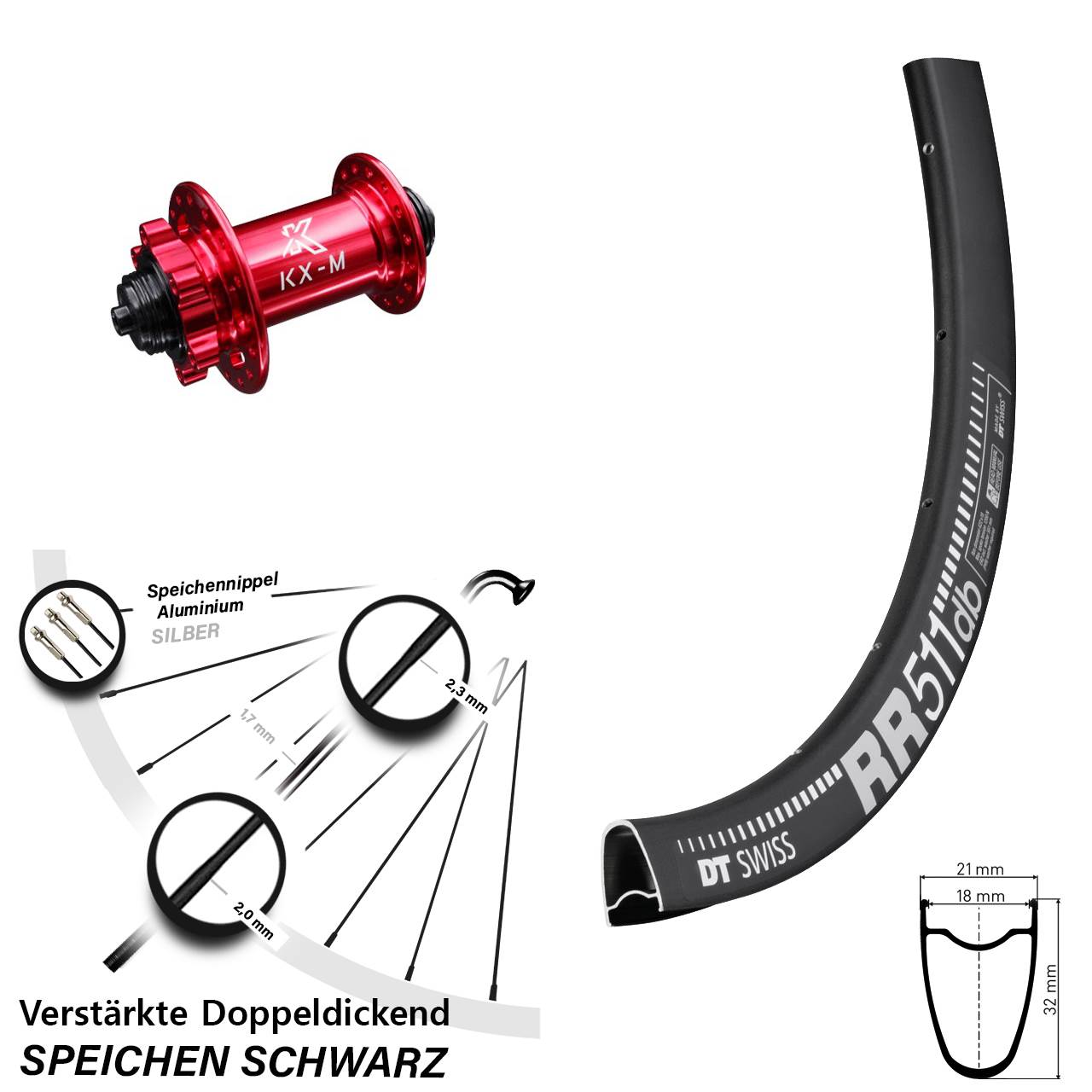 Disc Vorderrad QR 28 Zoll DT Swiss RR 511 KX-M rot