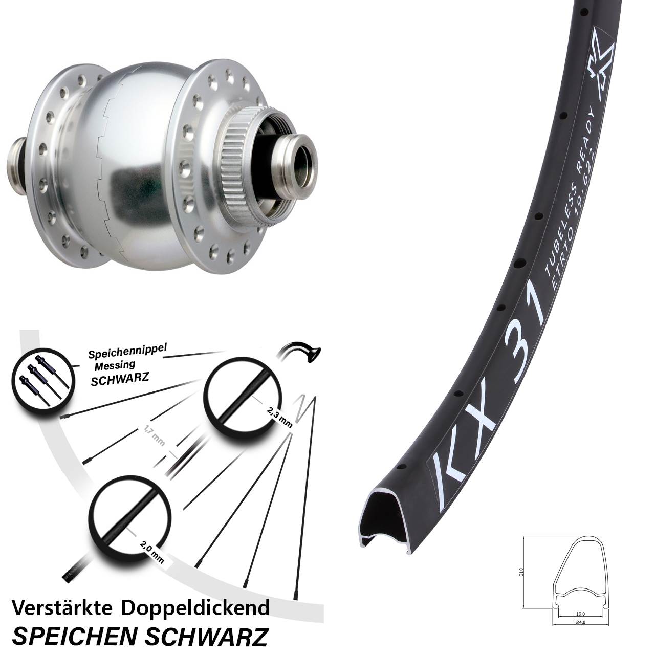 Vorderrad 28 Zoll KX 31 SON 28 12x100 Centerlock silbern eloxiert