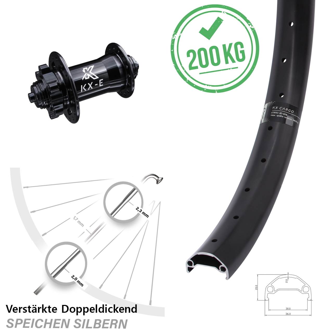 KX-E Cargo Vorderrad 20 Zoll Lastenrad Heavy Duty Nabe 4 Kugellagern