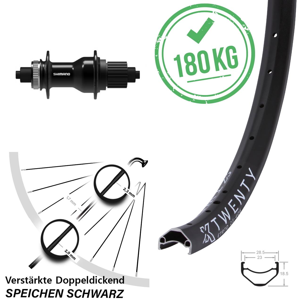 KX Twenty Shimano FH-QC500 20 Zoll Centerlock Hinterrad QR Micro Spline