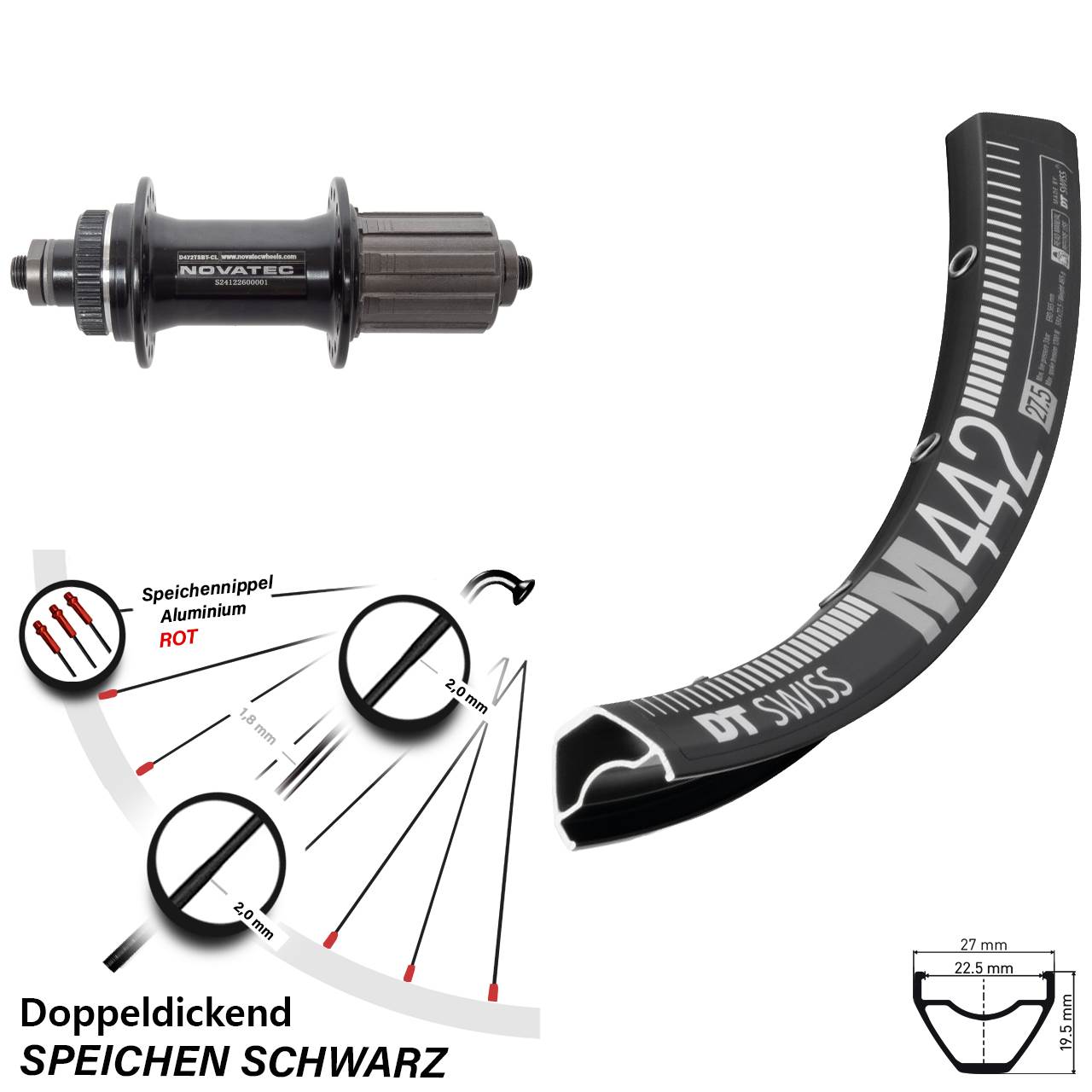 29 Zoll DT Swiss M442 Novatec D472 Hinterrad Centerlock für Schnellspanner 8-12 fach HG