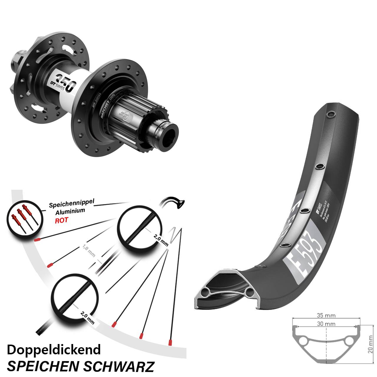 DT Swiss E593-350 DEG 72 650B Hinterrad 6-Loch 12x148 Shimano Micro Spline
