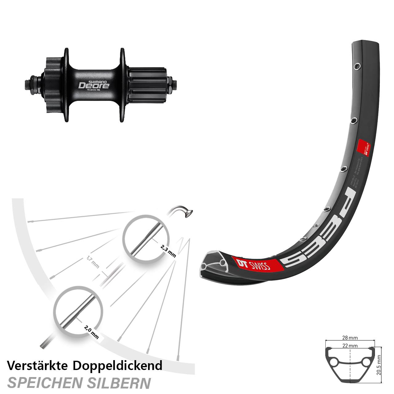 29 Zoll DT Swiss 533 D Shimano Deore FH-M525 Disc Laufrad für Schnellspanner 8-11 fach