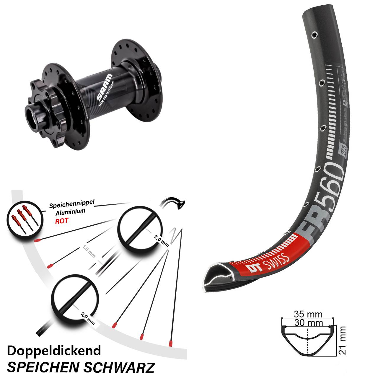 26 Zoll DT Swiss FR560 Sram 716 Disc Vorderrad 15x110 Boost