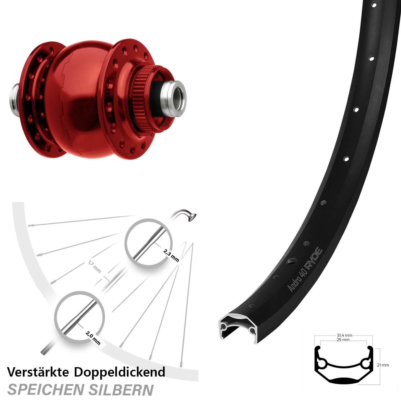 Centerlock Vorderrad mit Dynamo 20 Zoll Ryde Andra 40 SON 28 rot 12x100