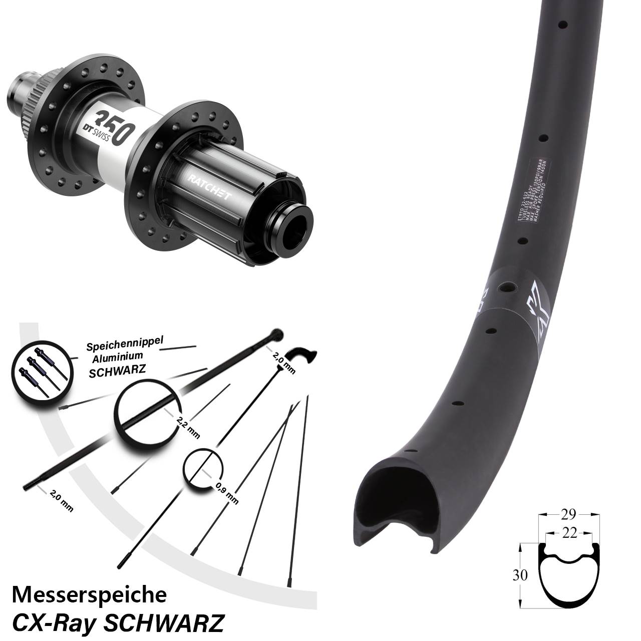 Centerlock Hinterrad 28-29 Zoll KX-RC Gravel Carbon DT Swiss 350 11-12 fach 12x142 CX-Ray