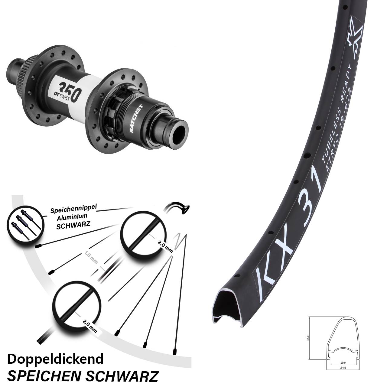 Hinterrad Centerlock 28 Zoll KX 31 Offset DT Swiss 350 XDR 12x142