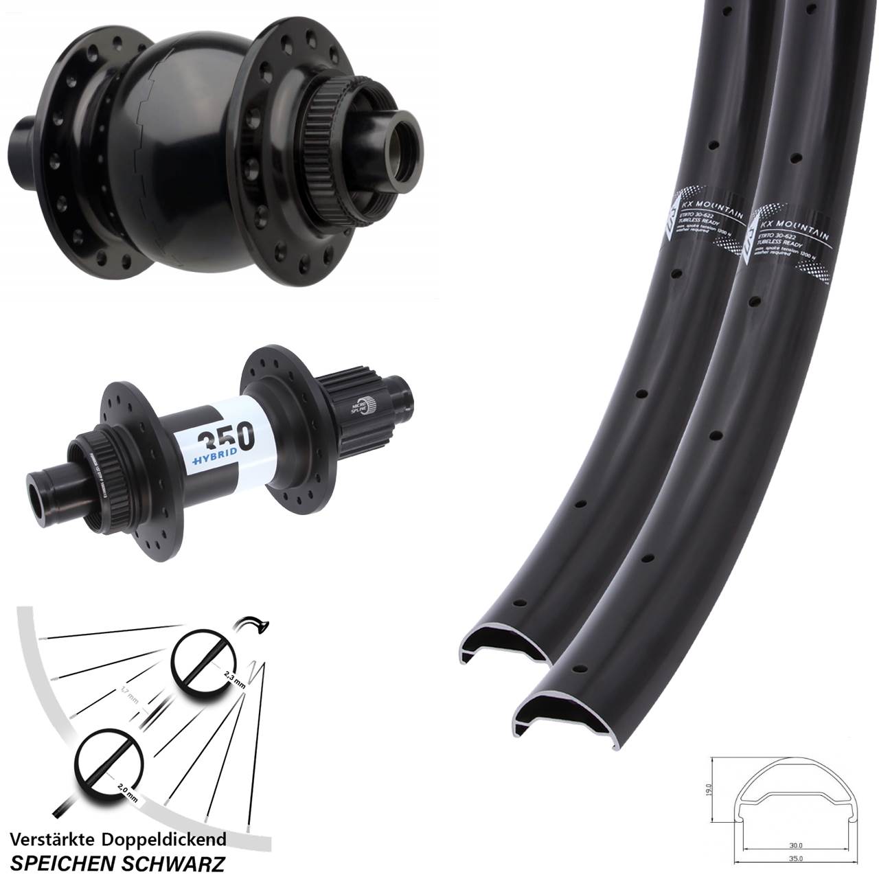 Laufradsatz 15x110 12x148 29 Zoll KX Mountain TR DT Swiss Hybrid 350 SON 28 Micro Spline