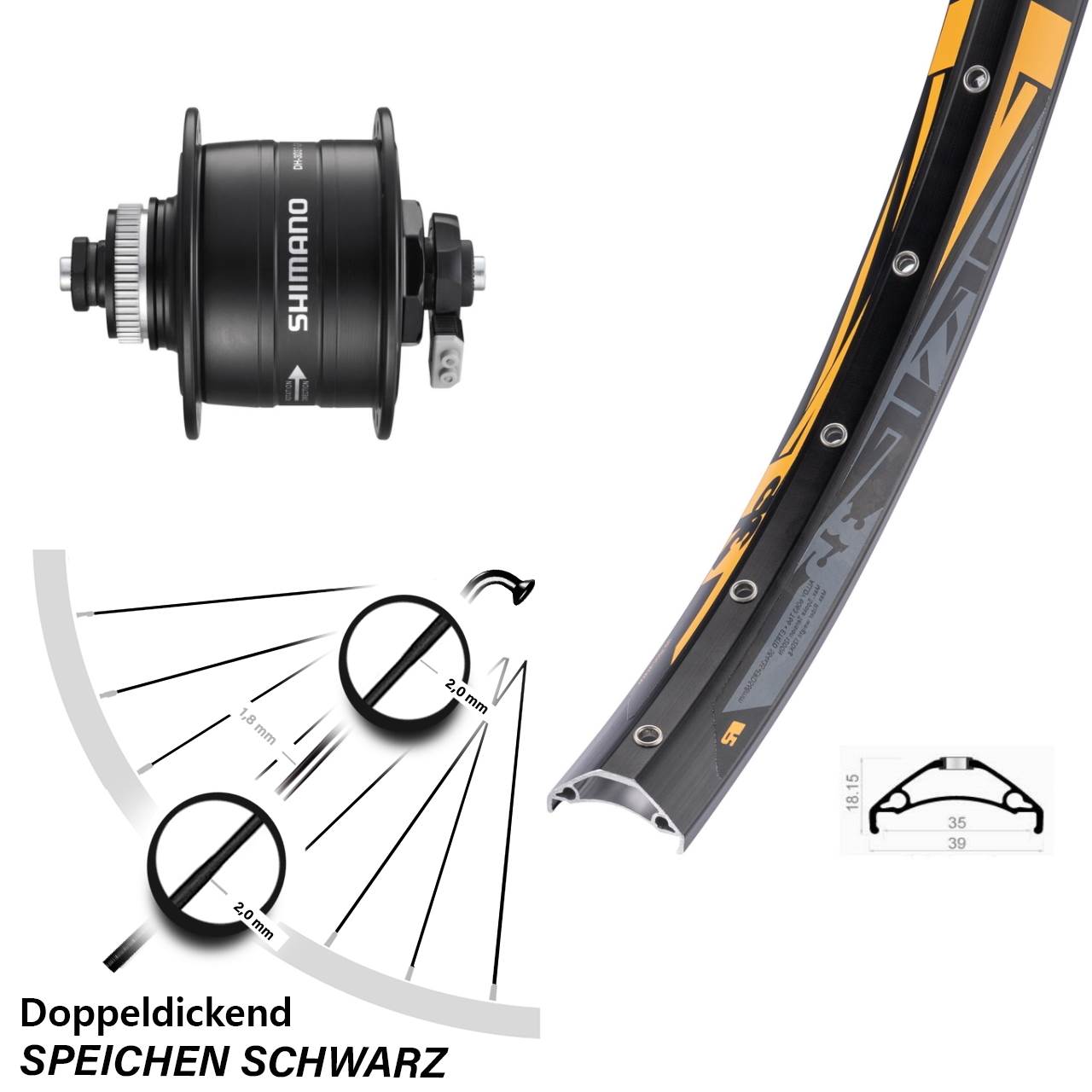 Rodi TRYP 35 Shimano DH-3D37 27,5 Zoll Nabendynamovorderrad Centerlock QR