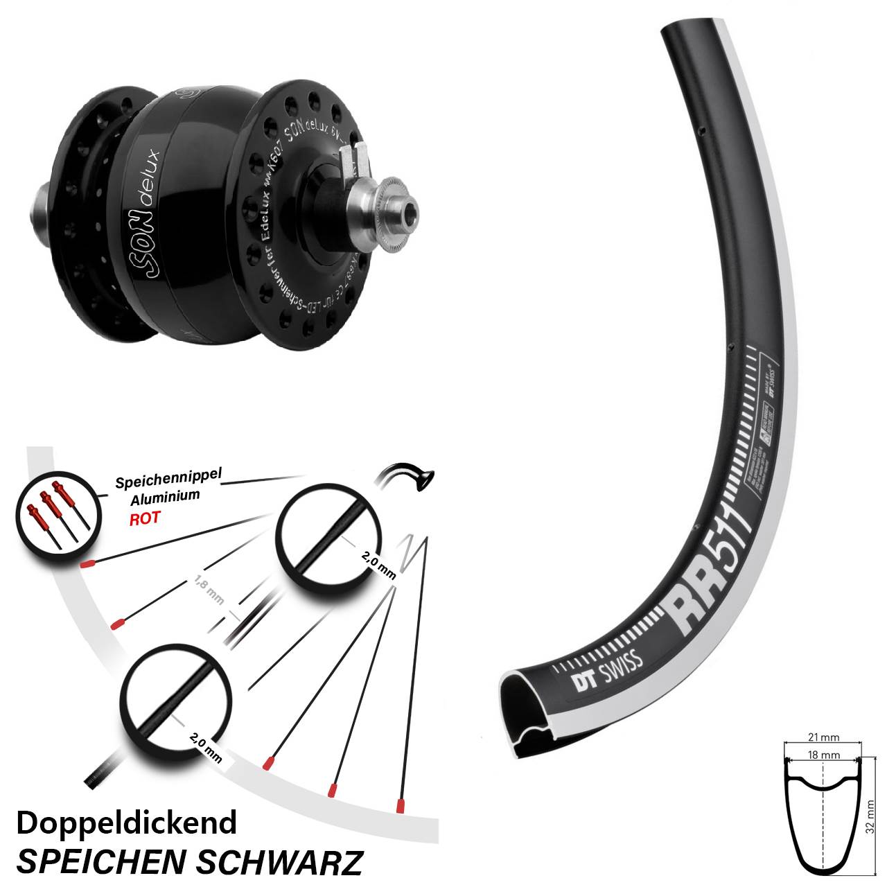 Rennrad 28 Zoll Vorderrad SON delux DT Swiss RR-511