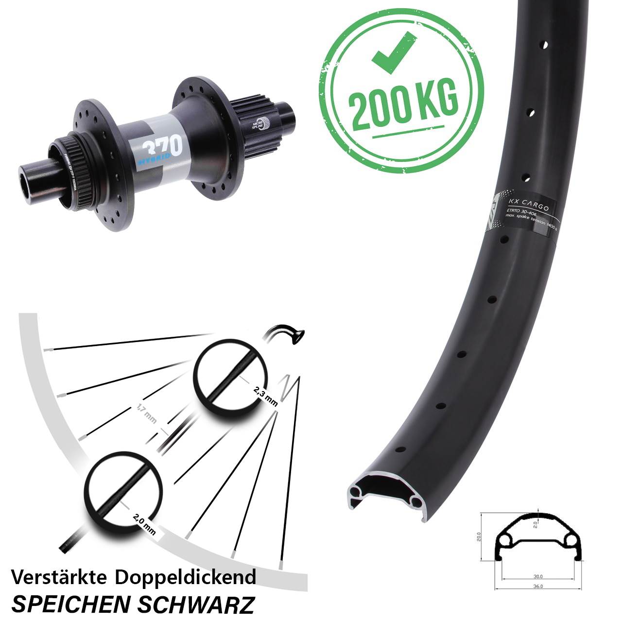 Boost Hinterrad Centerlock 12x148 20 Zoll KX Cargo DT Swiss 370 Hybrid Micro Spline