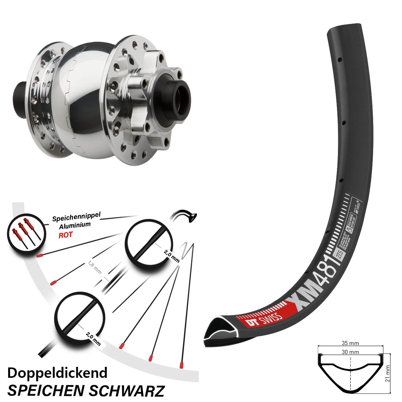 Disc Laufrad mit Nabendynamo 27,5 Zoll DT Swiss XM 481 SON 28 silbern 15x100