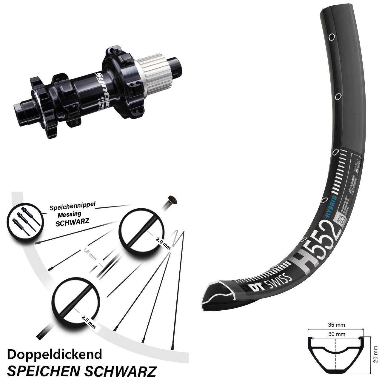 DT Swiss H 552 Syntace Boost Hinterrad 27,5 Zoll 6-Loch Micro Spline