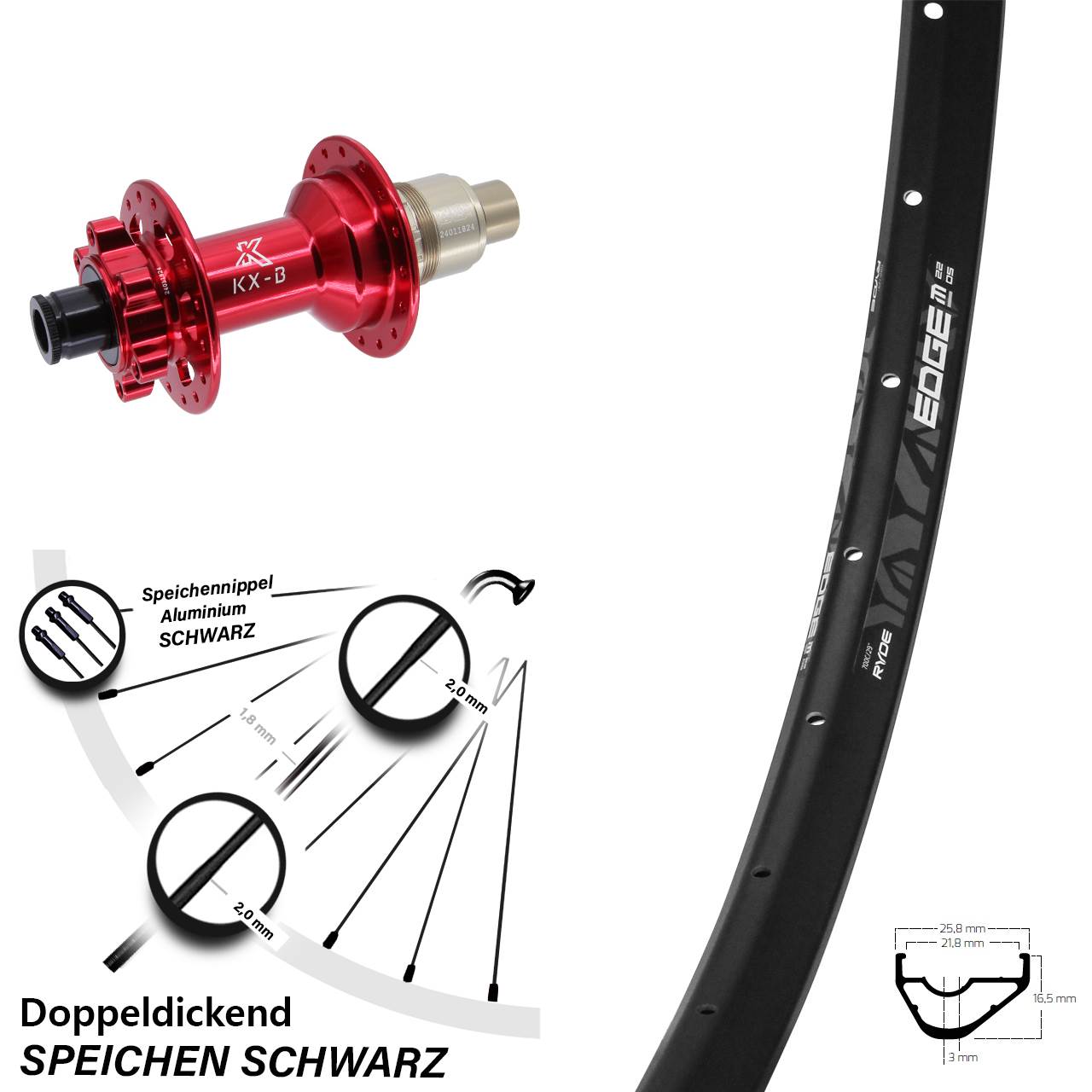 28-29 Zoll Ryde Edge M22 KX-B rot 6-Loch Hinterrad 12x148 XD