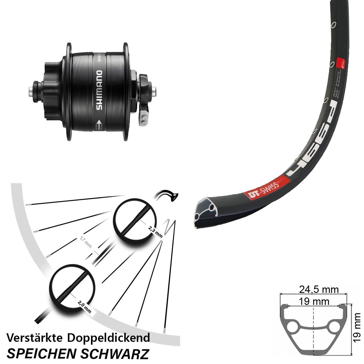 28 Zoll DT Swiss 466 Shimano DH-3D32 Disc Vorderrad mit Nabendynamo QR