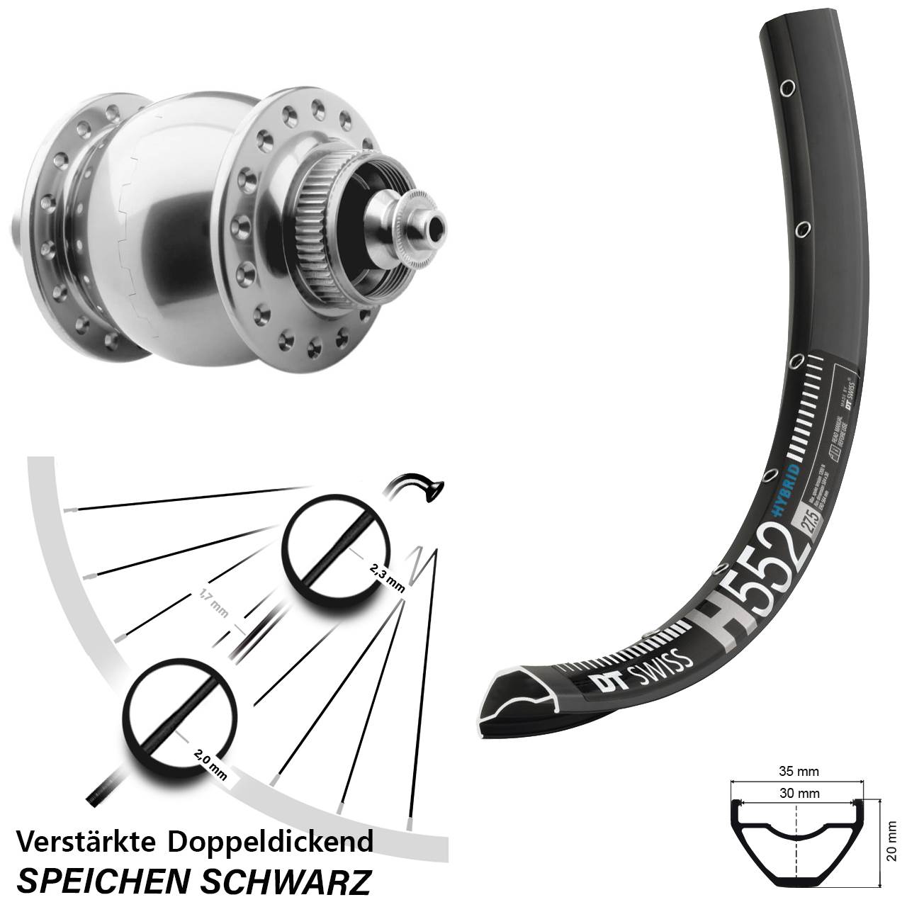 Vorderrad Nabendynamo SON 28 Disc Centerlock silbern eloxiert DT Swiss H 552 29 Zoll