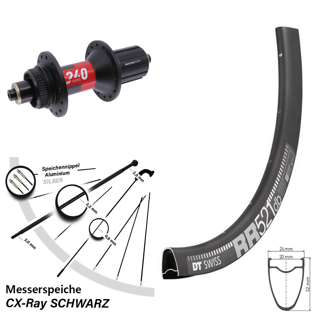 28 Zoll DT Swiss RR521-240 Centerlock Hinterrad QR 11-12 fach HG CX-Ray