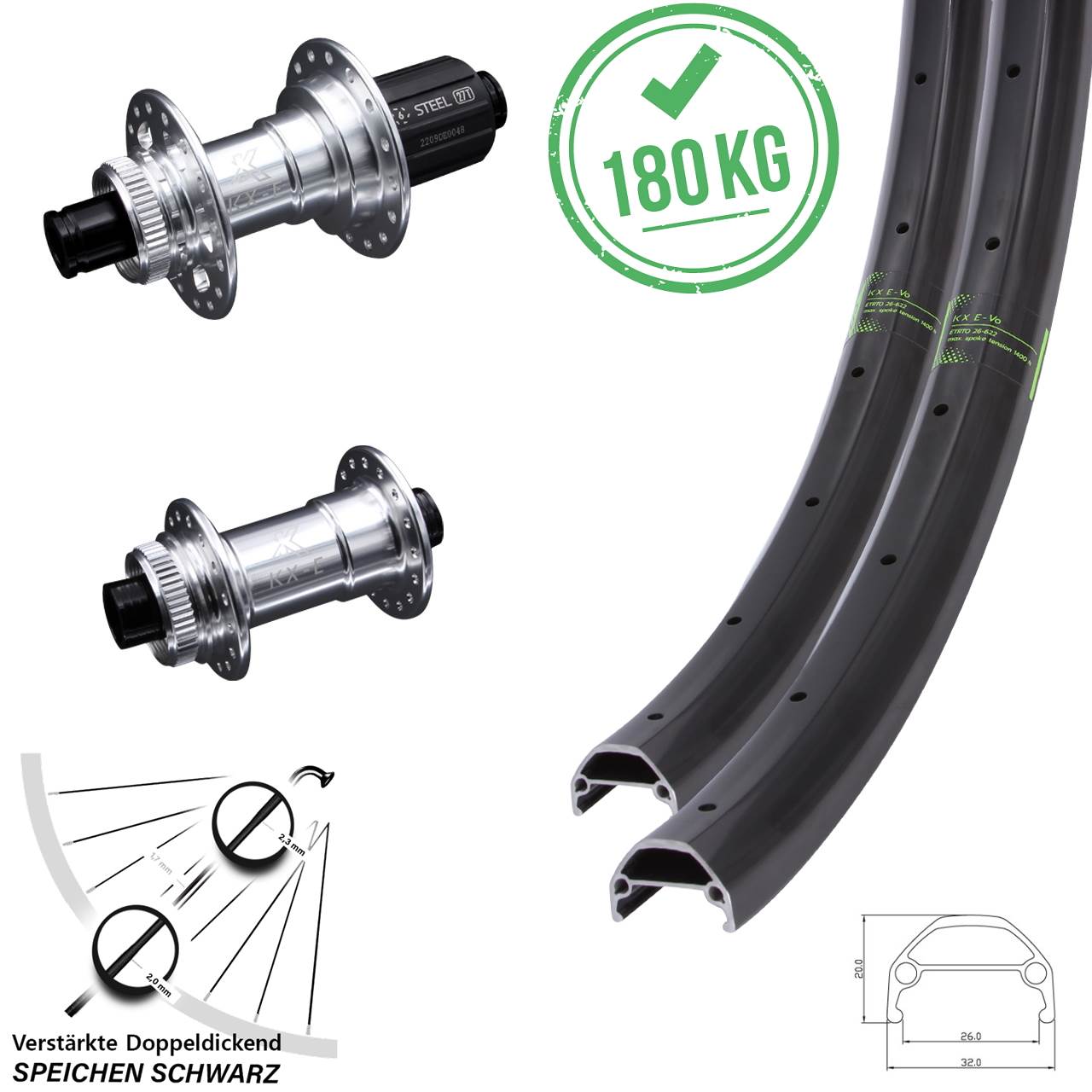 Laufradsatz Centerlock 20 Zoll KX-Evo Stahlachse 8-12 fach HG 15x100 12x142