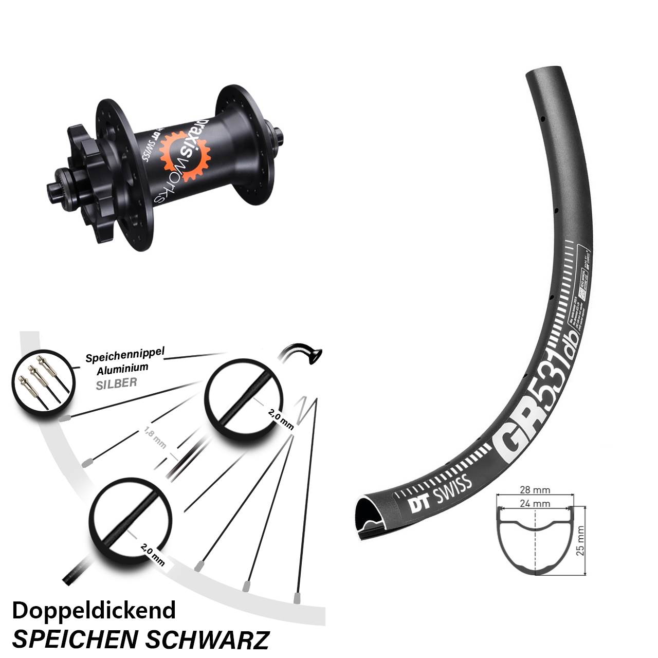 28-29 Zoll Vorderrad DT Swiss GR 531 Nabe 350 SL QR 6-loch